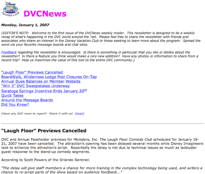 First DVCNews newsletter